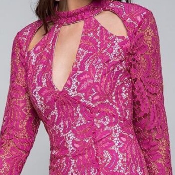 💋 bebe pink fuschia lace long sleeve dress M New RARE💋 - Picture 2 of 7